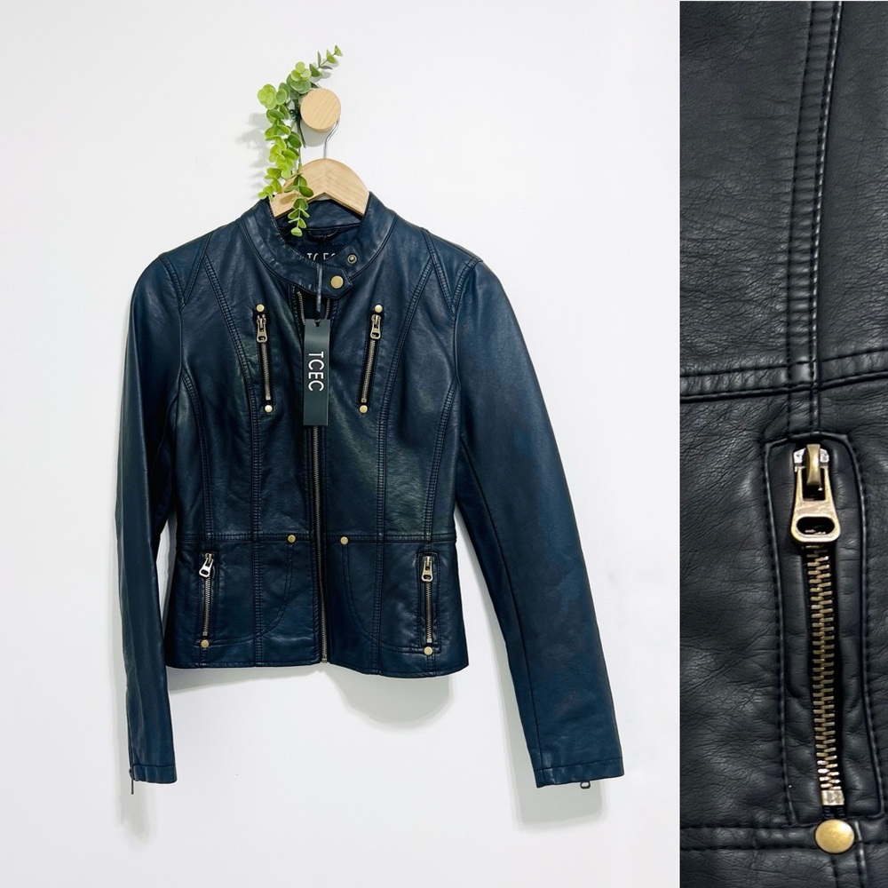 TCEC NWT Black Faux Leather Moto Grundge Y2K Zip Up Jacket